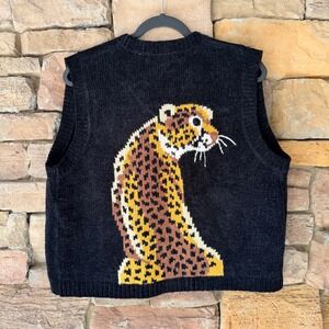NEW VTG Bellepointe XL Leopard Chenille Statement Buttons Sweater Cardigan Vest